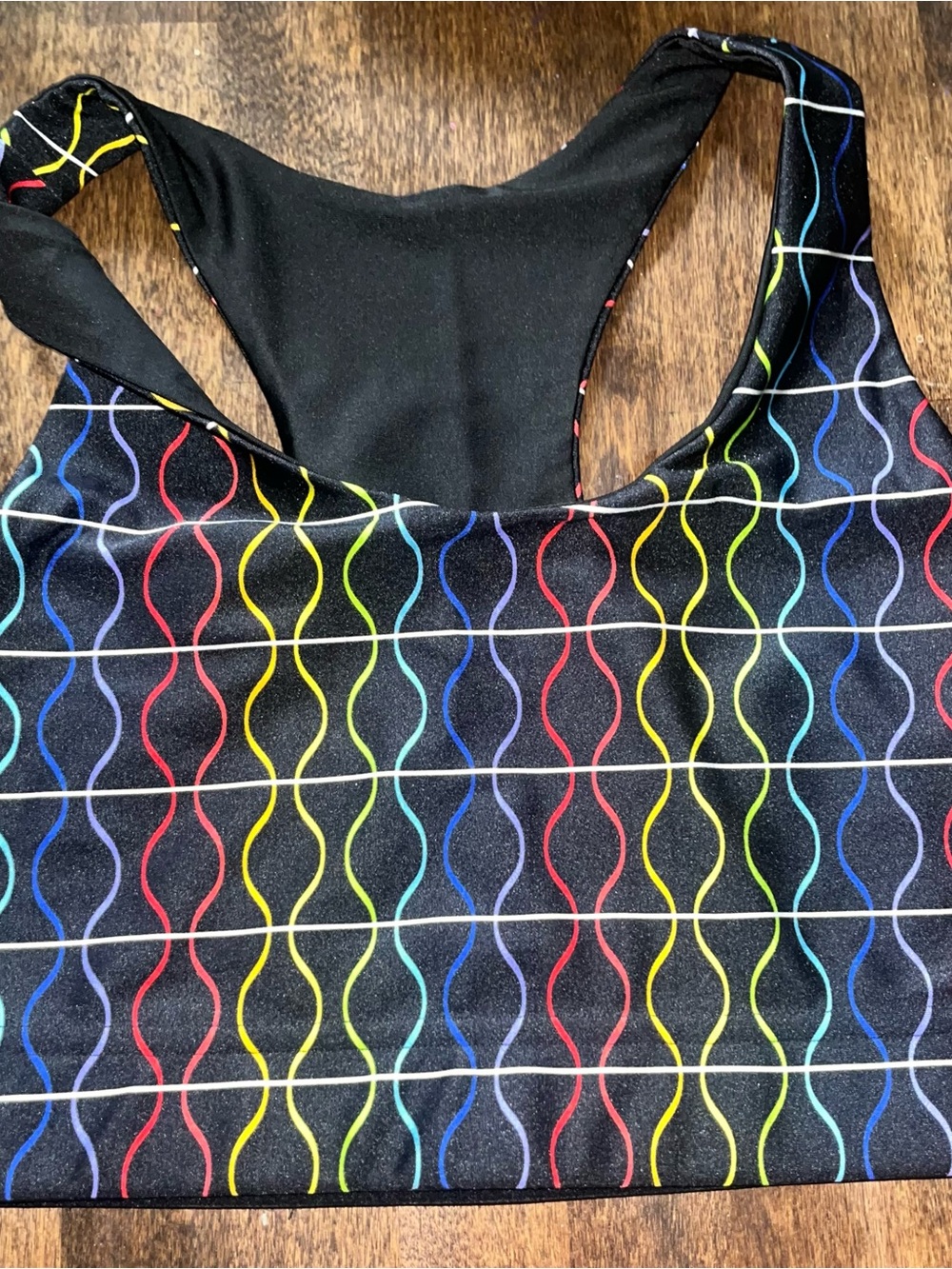 Terez Black Sports Bra with Multicolor Wavy Stripe Print